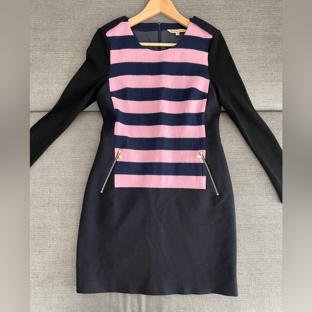 Vintage Elegant Pink and Black Striped Wool Dress